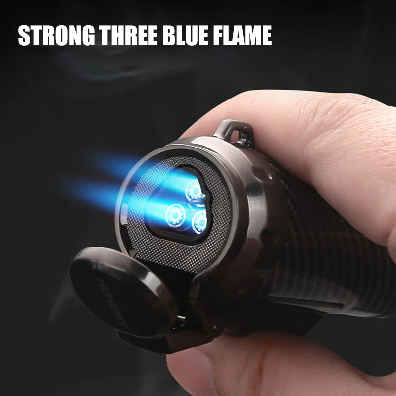 HONEST Three Blue Flame Cigar Lighter Side Press Ignition Automatic Opening Bottom 8.5MM Cigar Drill Design Visual Gas Window