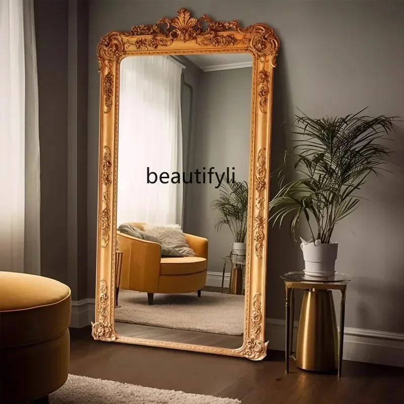 

06Specchio da pavimento intagliato retrò europeo, specchio da soggiorno per la casa, specchio da guardaroba francese