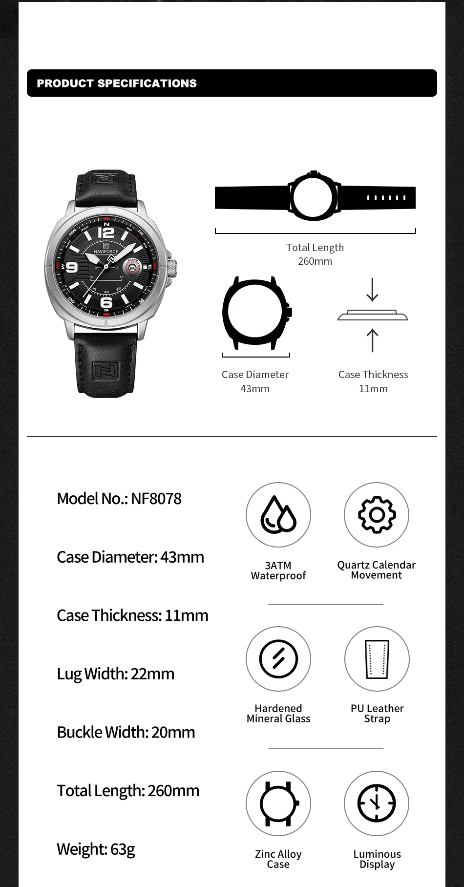 NAVIFORCE NF8078 Brand Men Quartz Watch High Quality PU Band Calendar Auto Date Display Waterproof Clocks
