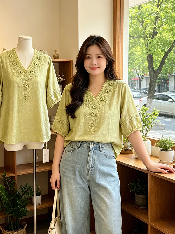 

plus Size Lace V-Neck Short Sleeve T-Shirt Fashionable Versatile Slimming Design Summer Women's Top Casual Style Breathable