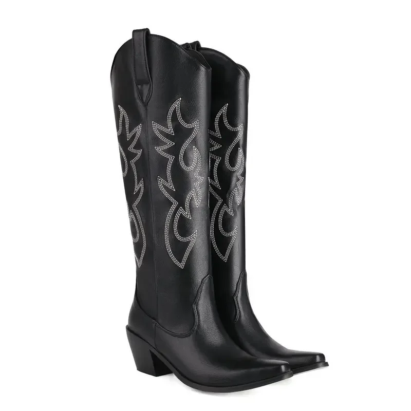 Botas Altas hasta la Rodilla para Mujer, Bordadas en Rosa y Blanco, Estilo Vaquero Occidental, Tacón Grueso, Botas de Invierno para Piernas Anchas, Tallas Grandes 45 46