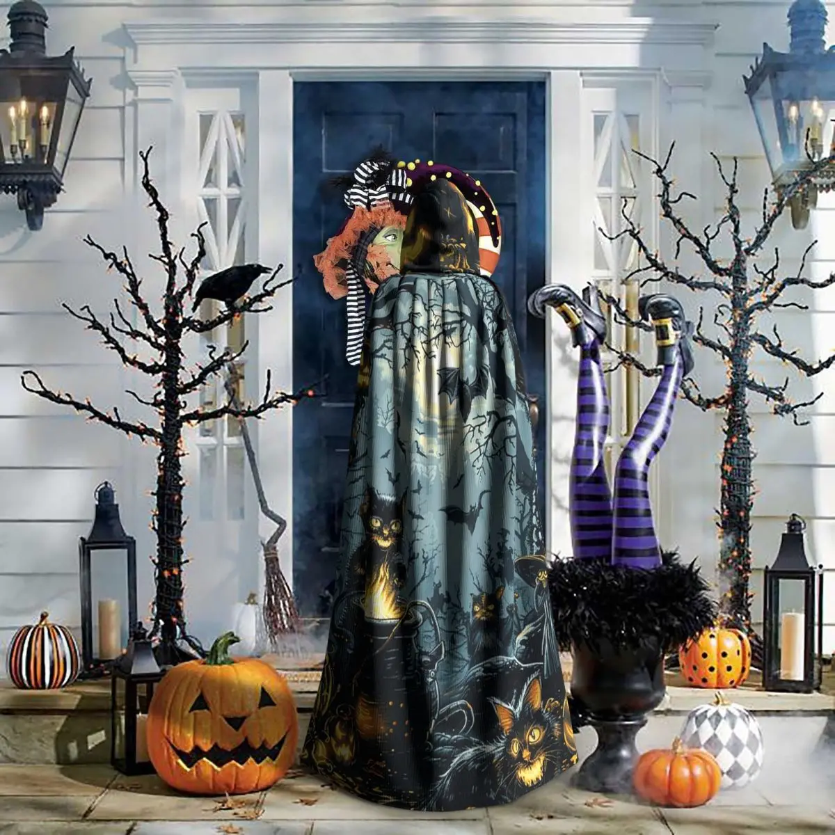 Vintage Jesienny Halloween Alchemik Eliksyry Czarne Koty Okultystyczny Długi Płaszcz z Kapturem Wiedźma Średniowieczny Kostium Cosplay Peleryna Halloween Wampir