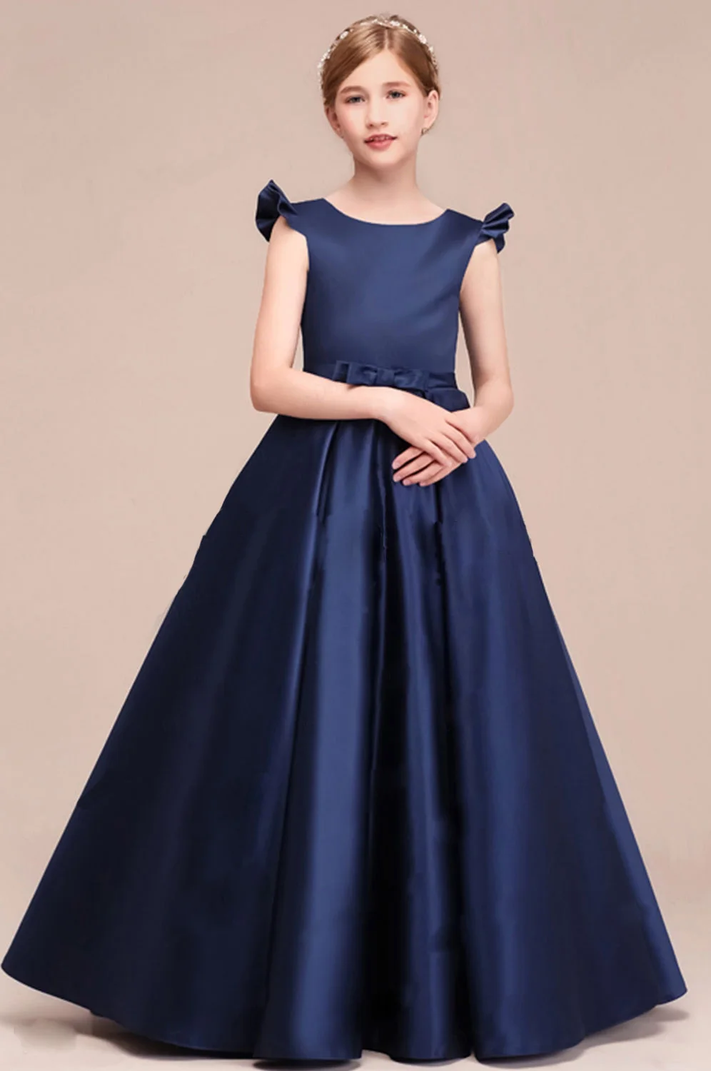 

Empire Navy Blue Long Flower Girl Dress Pageant Ball Gown Dress Satin Junior Bridesmaid Dress A-line Scoop floor-Length