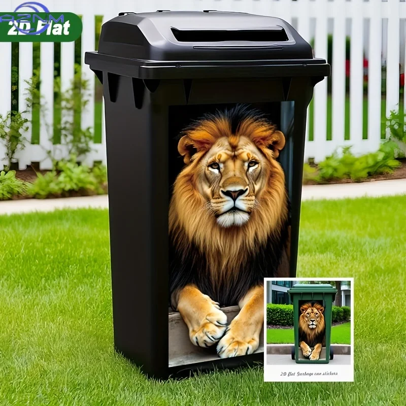 2D Flat, 1pc 2D Lion with Fluffy Mane Resting  × inch Garbage Bin Sticker Mural, Outdoor Garbage Bin Decoration, Self-Adhesive