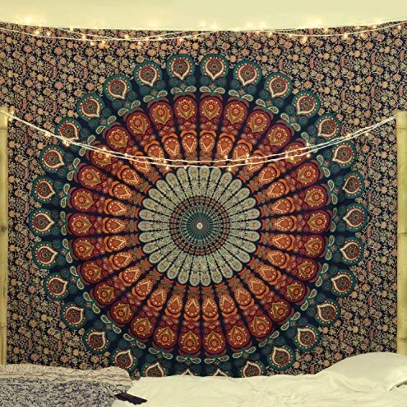 VIKAMA Hippie Boho Mandala Tapestry, Ethnic Indian Peacock Floral Wall Art, Background Cloth for Bedroom Dorm & Home Party Decor