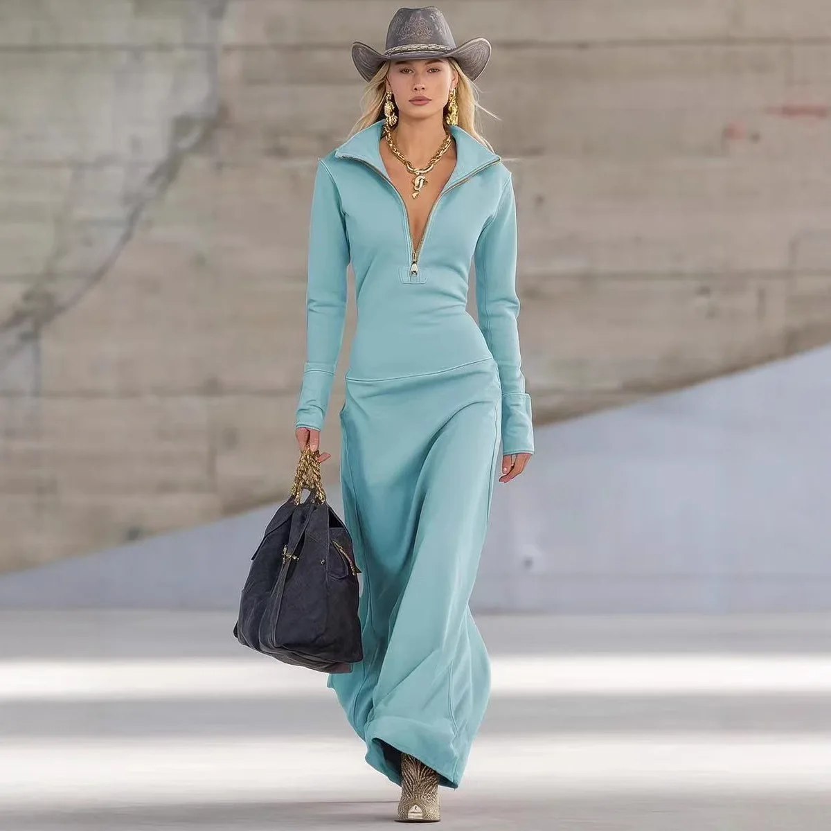 Roupas femininas transfronteiriças europeias e americanas com zíper gola polo outono e inverno vestido feminino fino de manga comprida