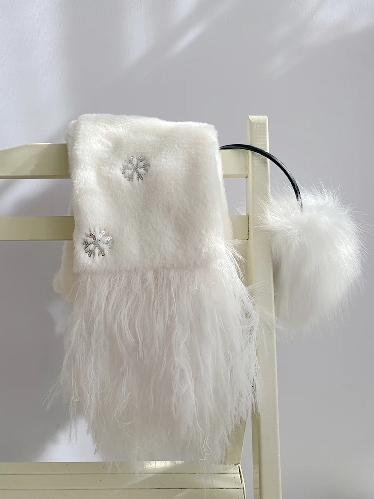 

Japanese Yabi Y2k Snowflake Fringed Scarf Girl Lolita White Imitation Rabbit Velvet Scarf Thickened Warm Scarf Woman girl Gift