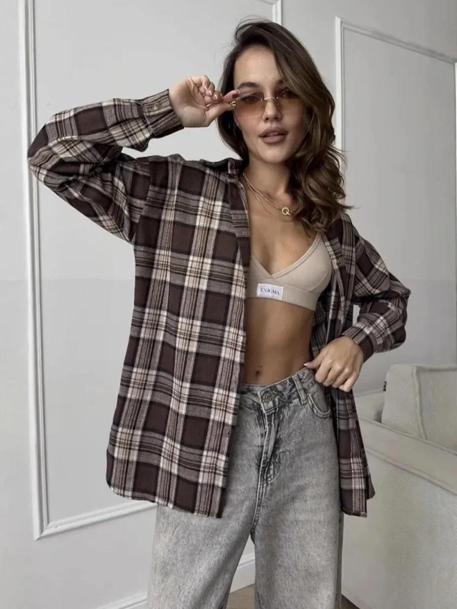 

Новая женская осенняя универсальная свободная повседневная рубашка в клетку в полоску с длинными рукавами и карманами в стиле ретро, блузка