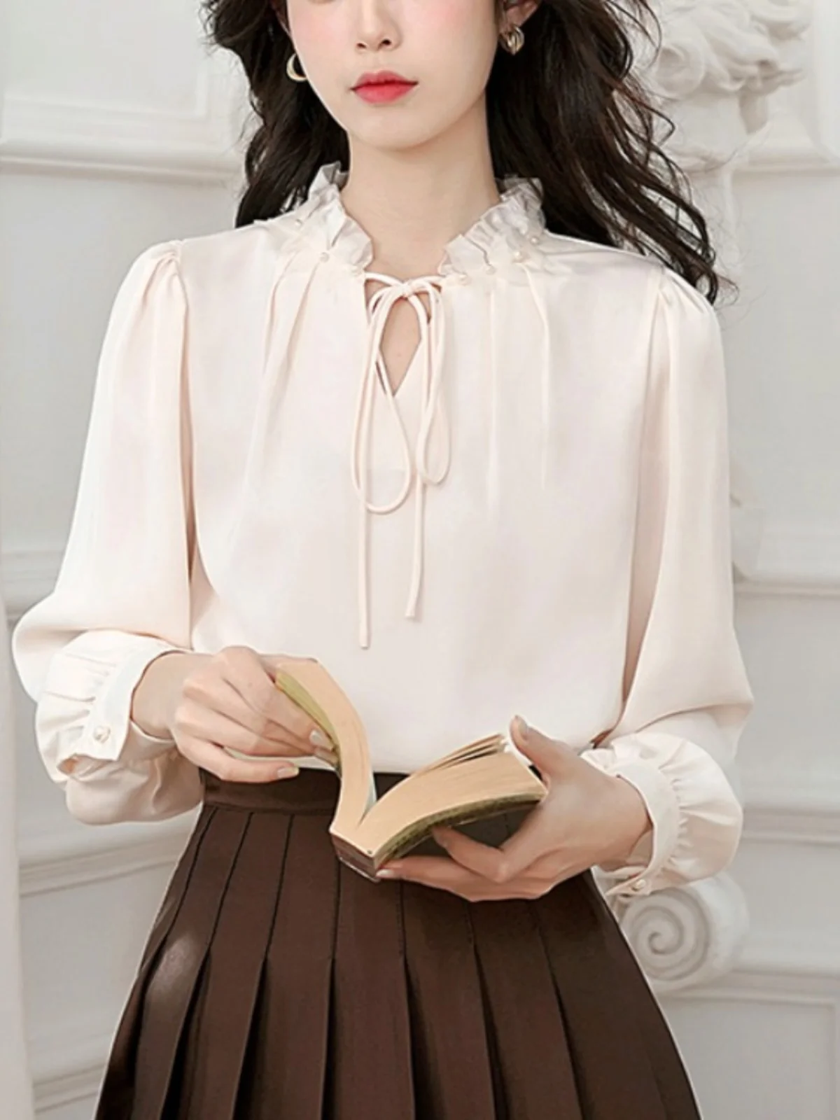 

Ele Long Sve Women's irt with Bow Design Chiffon Top Spring Autumn Faionable French Sle Loose Fit V-Ne Polyest...