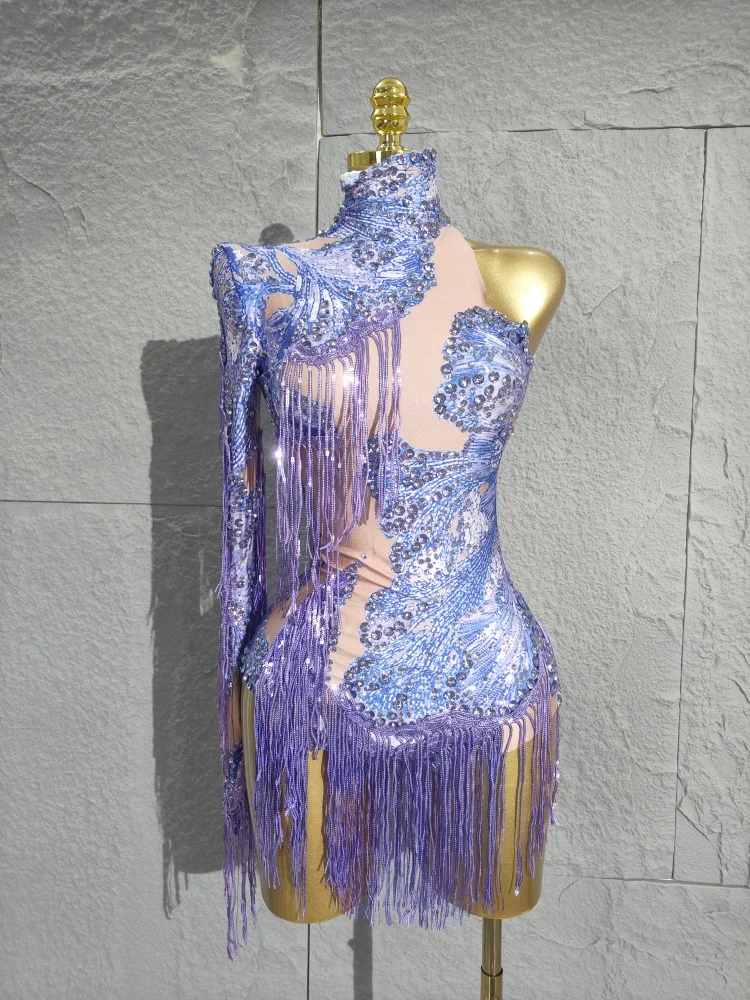 

2025 New Night Club Singer Dancer Tassel Stage Costume Party Bodysuit Celebrity Women Sexy Purple Stretchy Single Sleeve