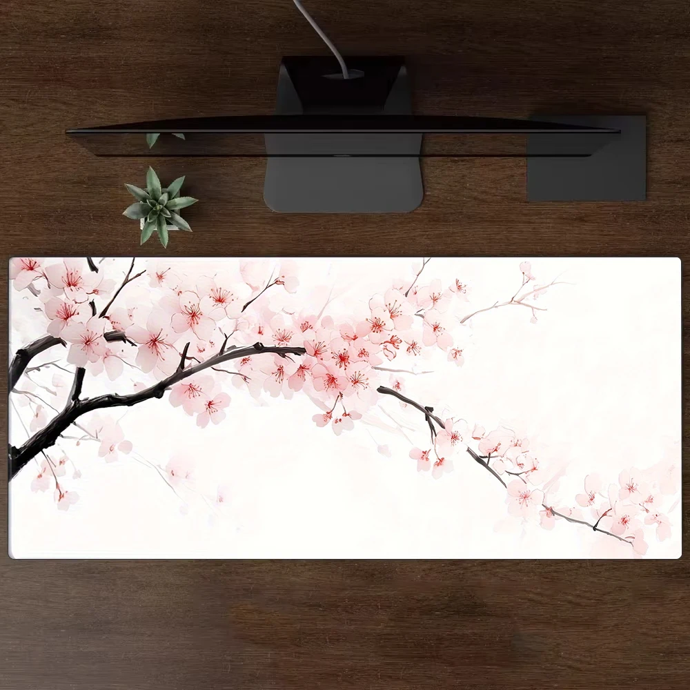 Grand tapis de souris élégant en fleurs de cerisier, tapis de bureau antidérapant, bord cousu Durable, accessoires pour pc, tapis de jeu