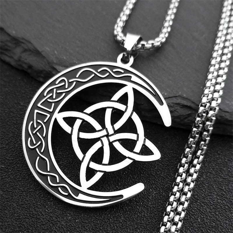 Crescent Celtic Irish Knot Necklaces Stainless Steel Witch Moon Amulet Protection Chain Necklace Jewelry collier Luna N8145S1