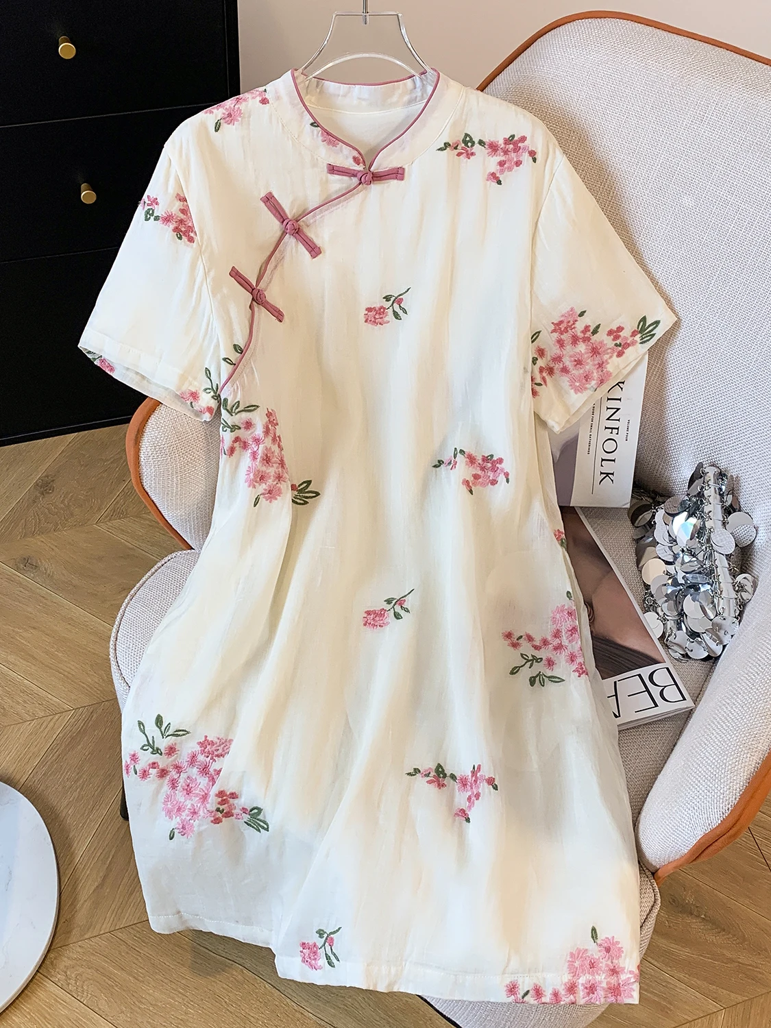

Korean Japanese Style Artistic Embroidered Linen Dress High Waist A-Line Skirt Short Sleeve Mid-Length Commute Style Summer D...