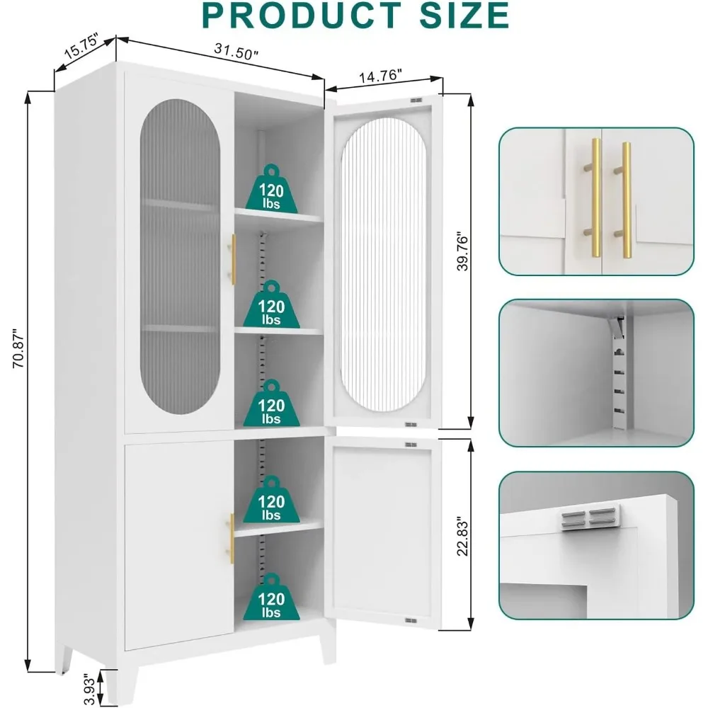 71”Storage Cabinet, Metal Pantry Cabinet, Food Pantries Cabinets with Fluted Glass Doors, Storage Cupboard Kitchen, Dining Room