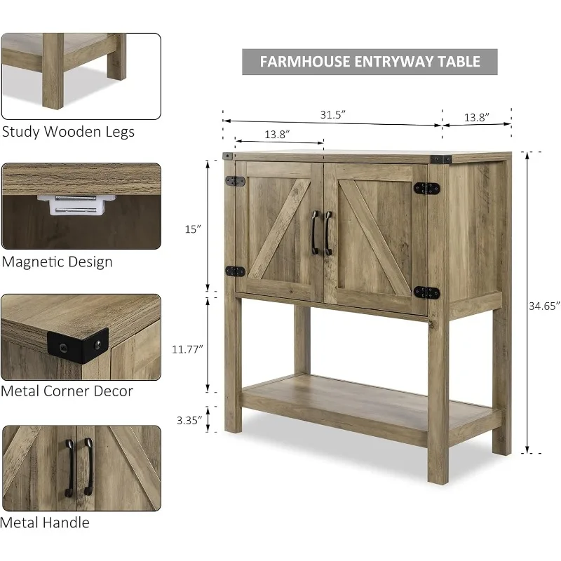 Sofa Table Console Table,Coffee Bar Cabinet,31.5 L x 13.8 D x 34.65 H Entryway Table with2 StorageCabinets,Farmhouse Foyer Table