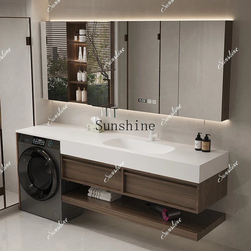 

Balcony washing machine cabinet combined rock slab hot bending integrated basin bathroom cabinet FT