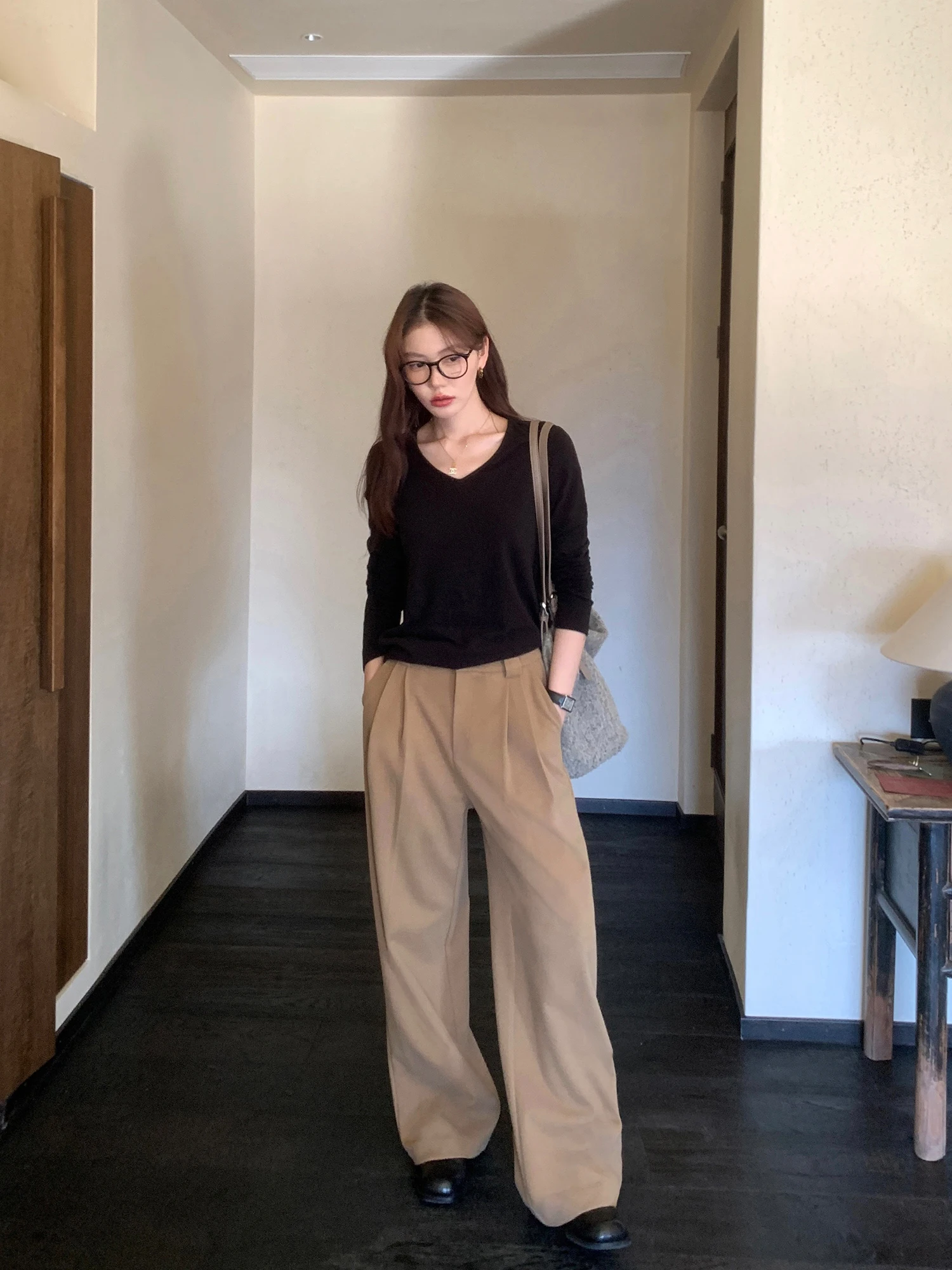 

Шерстяные широкие брюки цвета хаки, женские осенне-зимние повседневные свободные прямые длинные брюки, модные универсальные повседневные брюки