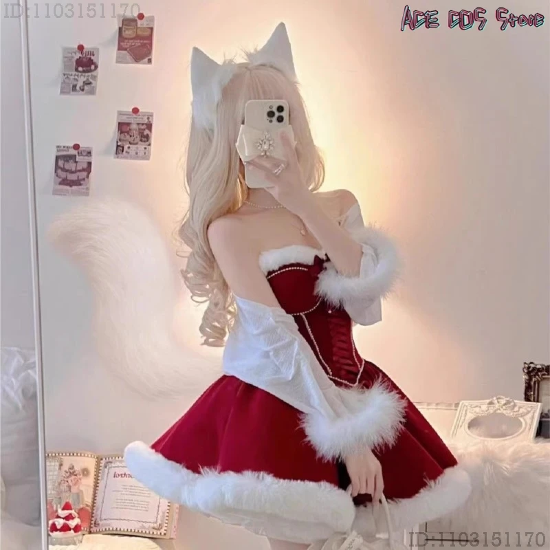 Lovely Christmas New Year Party Red Maid Lolita Dress Kawaii Halloween Make up Princess Skirt XMAS Women Santa Claus Outdit Suit