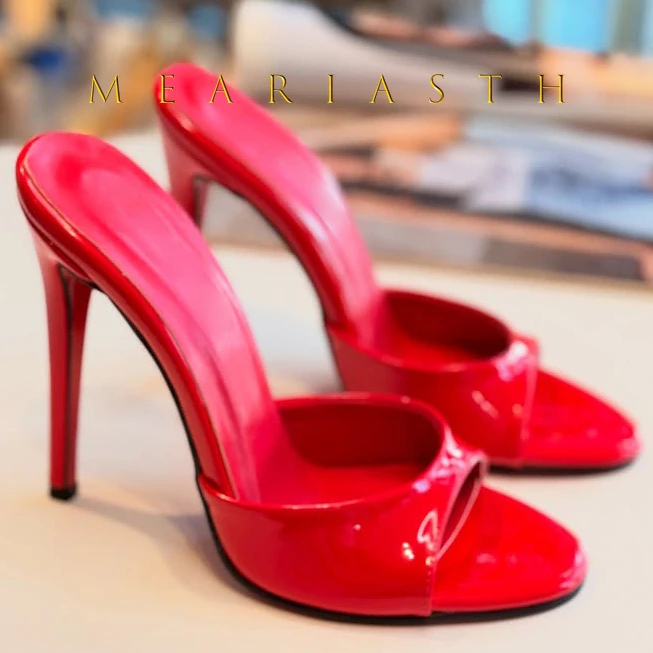 

Red Patent Leather High Heel Slippers Peep Toe Stiletto Heel Pointed Toe Slip-on Sandals Patchwork Shallow Dress Shoes Size 44