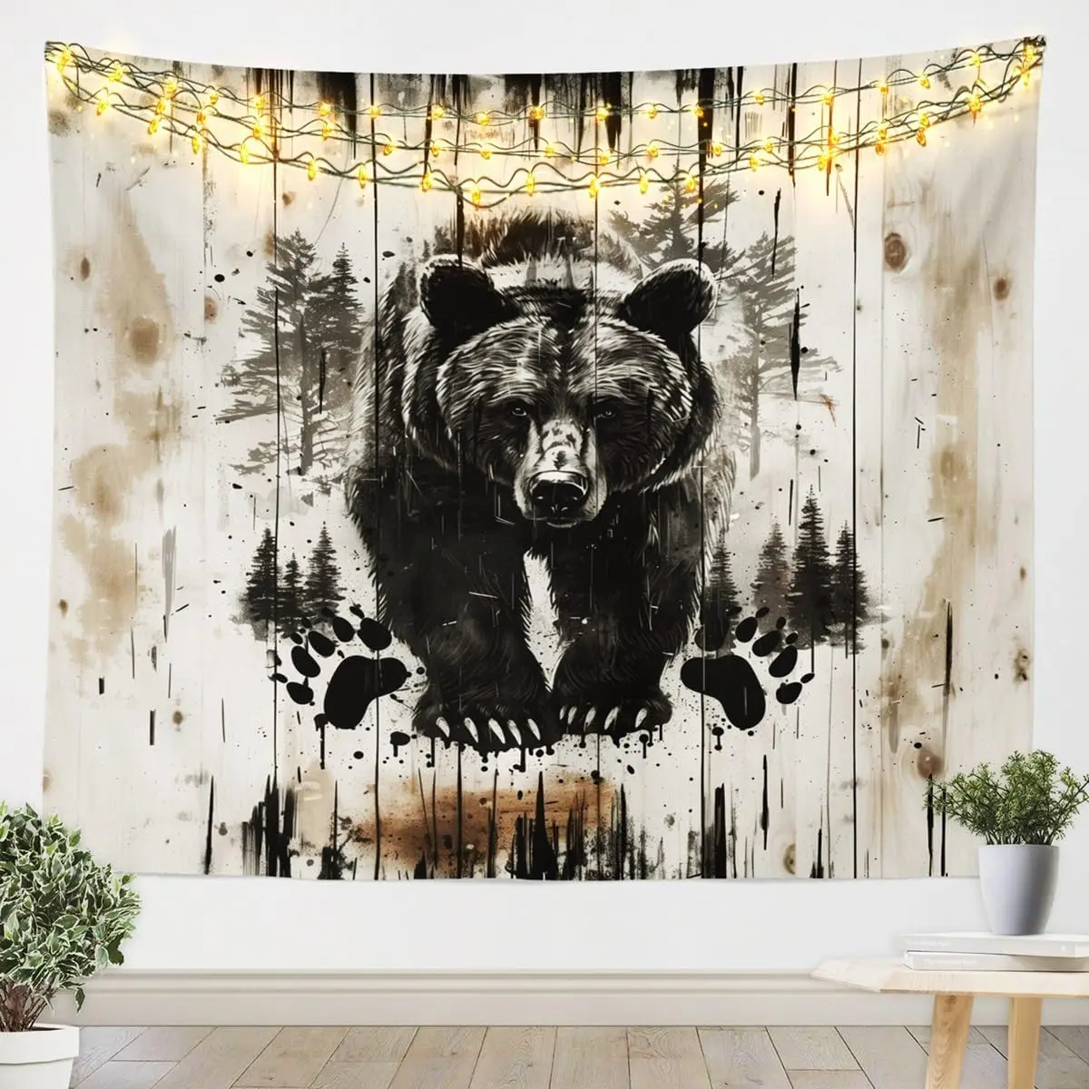 Vintage Forest Bear Tapestry, Majestic Grizzly Bear with Pine Trees Print Wall Hanging, Perfect For Adding Rustic Charm To Your