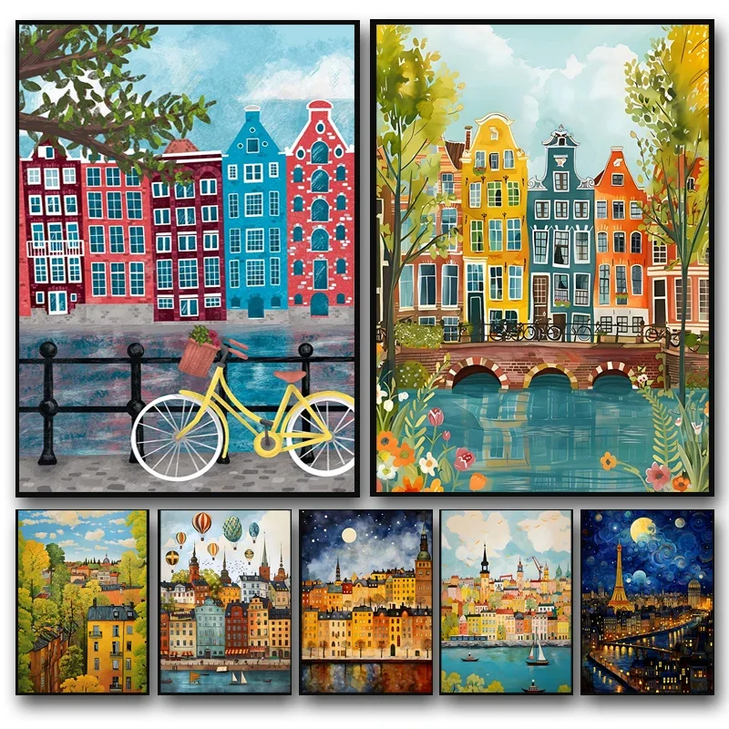 Building Landscape Canvas Painting Prints Nordic Watercolor Posters Wall Art Picture for Living Room Cuadros Home Decoration