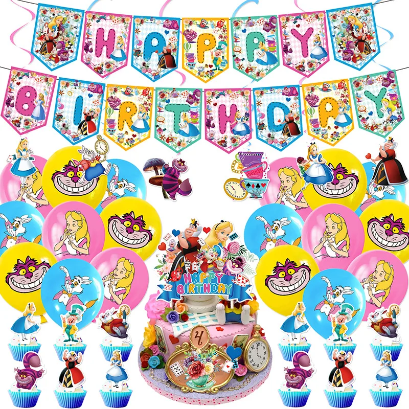 

Disney Alice In Wonderland Girl Happy Birthday Party Decoration Latex Balloon Banner Cake Topper Supplies Girl Favor Toy Gifts