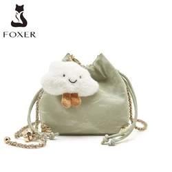 FOXER Summer Girl Mini Crossbody Bag Lady New Design PU Leather Messenger Bag Female Green Fashion Drawstring Shoulder Chain Bag