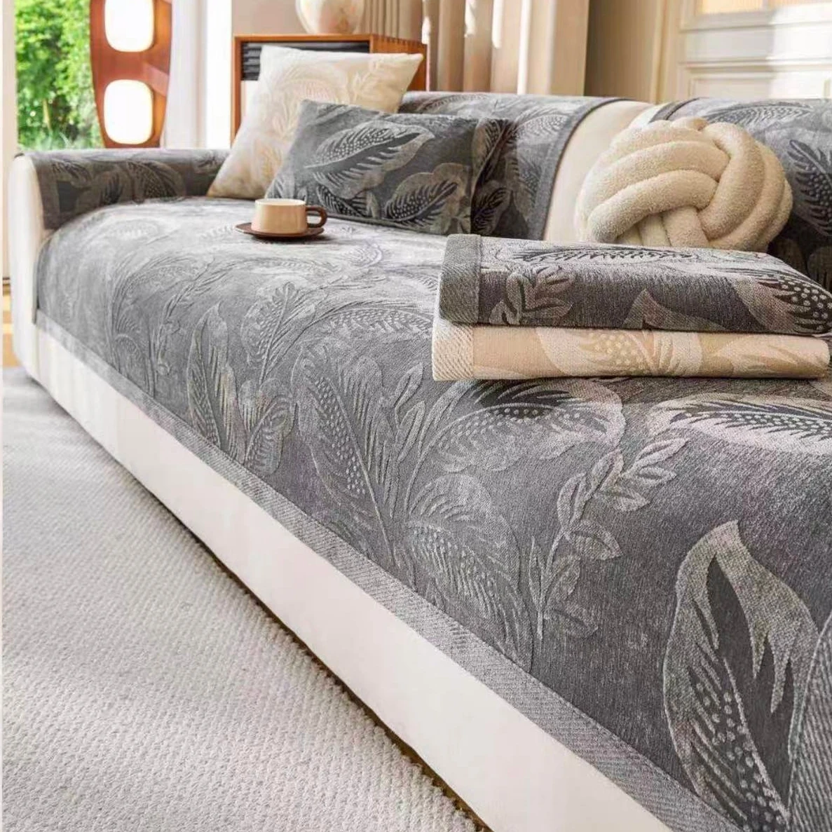 Leaves Jacquard Quality Chenille Non-slip Sofa Cover, for Living Room Couch Seat Cover Pet Friendly Furniture Potector Washable
