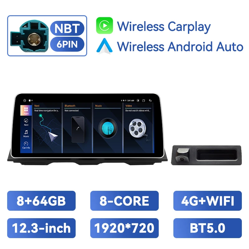 12,3 inch 1920*720 draadloze Carplay Android Auto voor BMW 5 Serie F10 F11 CIC NBT auto multimediaspeler 8GB+128GB Navi IPS scherm