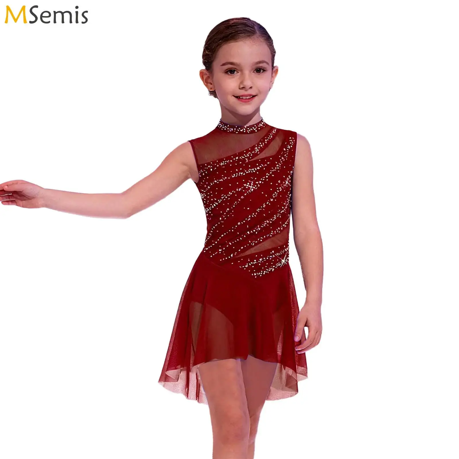 Kids Girls Gymnastics Ballet Jersey Lyrical Dance Performance Costume Sheer Mesh Ruched Shiny Rhinestone Figure Skating Dress