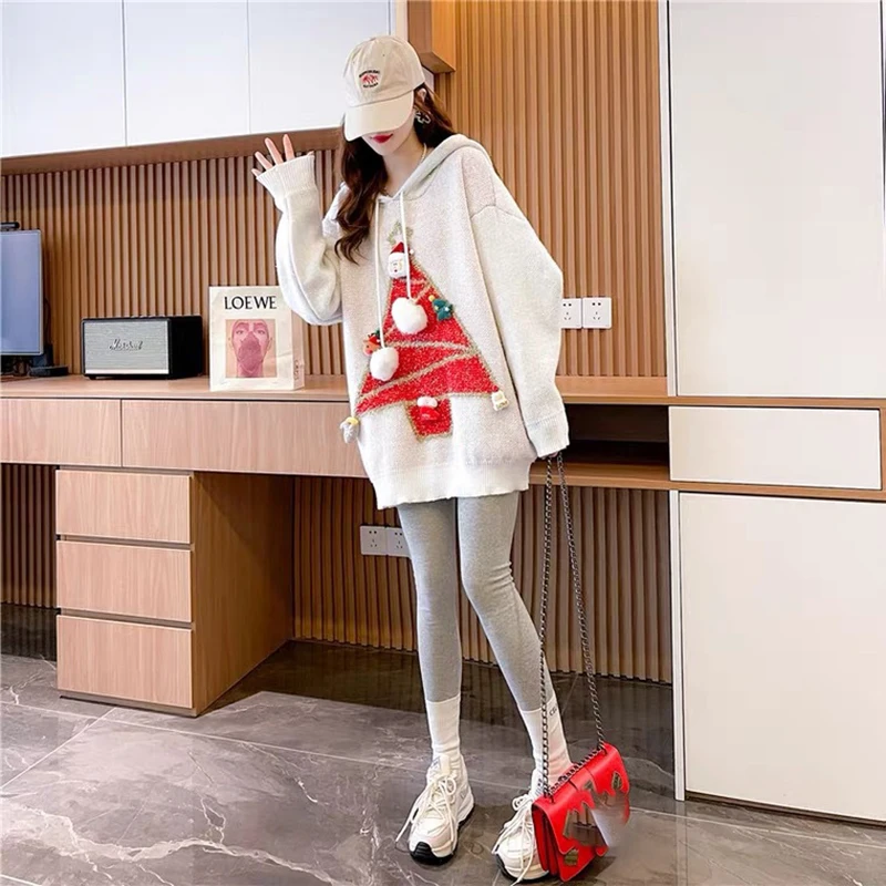 クリスマススパンコール付きフード付きセーター女性のための新年巾着赤ニットプルオーバートップスアメリカンカジュアルレトロニットトップ