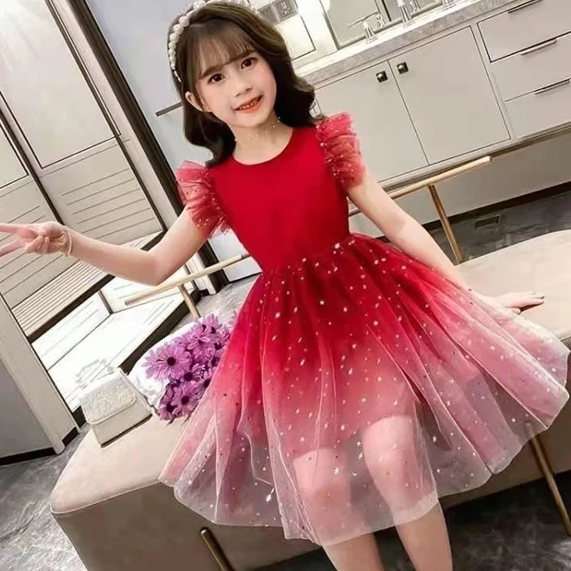 

2025 New Girls Clothes New Summer Princess Dresses Flying Sleeve Kids Dress Unicorn Party Girls Dresses Children Clothing 3-10Y