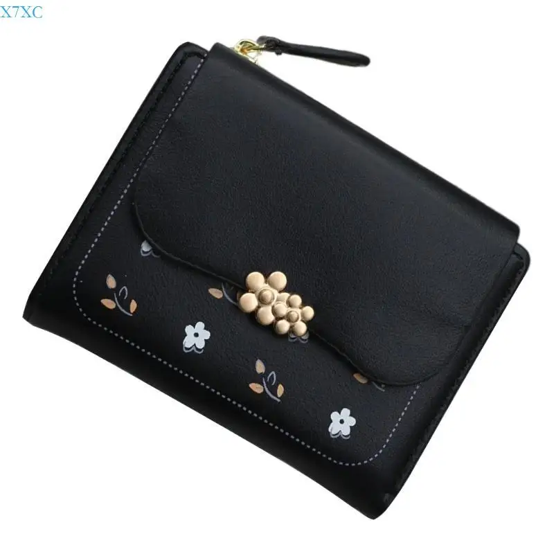 

X7XC Aesthetic Floral Print Small Purse PU Leather Short Wallet Card Cash Pocket