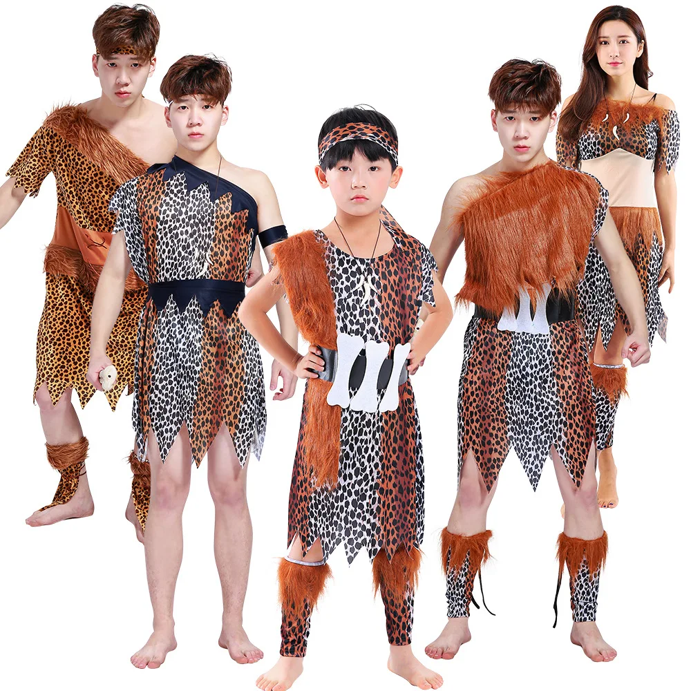 Boy Girls Men Women's Cave Costume Leopard Print Halloween Cosplay Indian Clothing Primitive Hunter Performance Costume