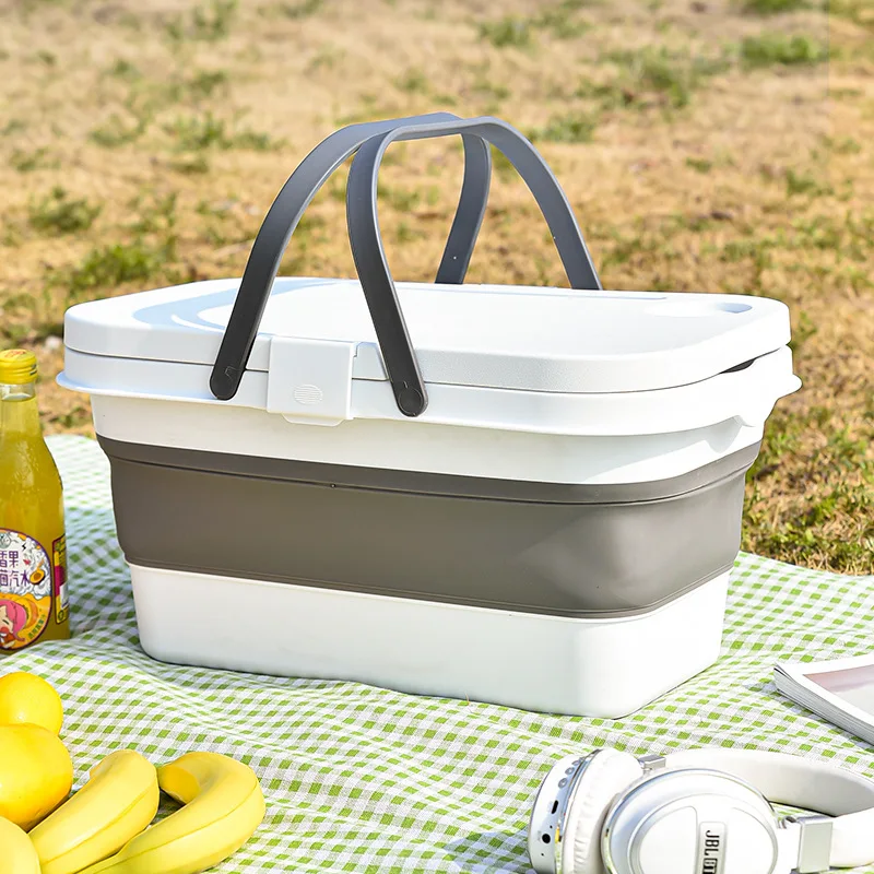 

Folding Storage Basket Covered Portable Picnic Basket Outdoor Multifunctional Folding Table Basket Travel Large Storage Box