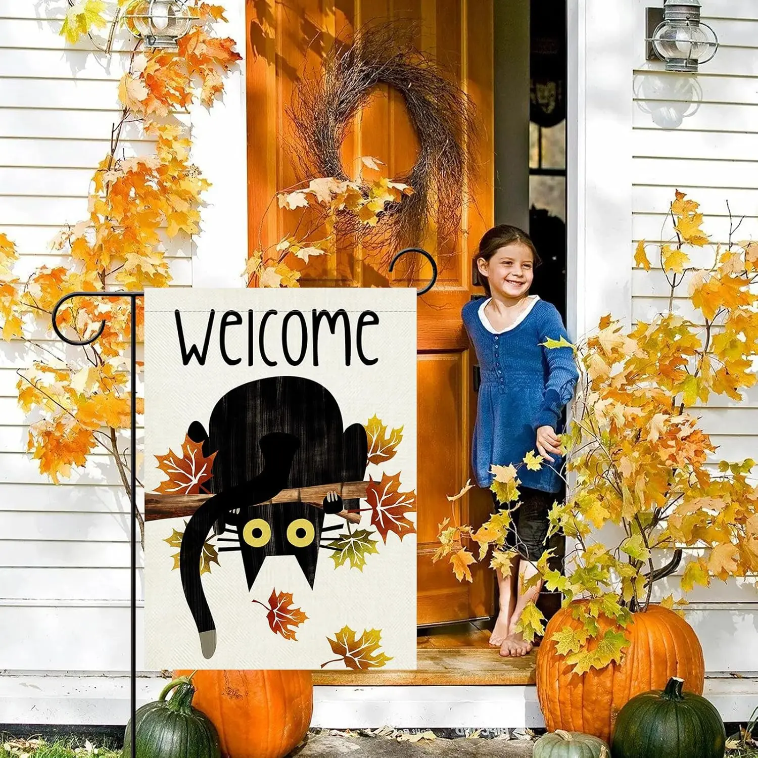 Welcome Fall Black Cat Decorative Garden Flag, Autumn Maple Leaves Branch Yard Outside Home Decor Pet Owner Lover Gift, Seas UUN