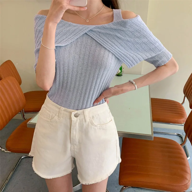 

Tops Women Solid Lapel Short Sleeve Knitted T-Shirt Chic Slim Fit Off Shoulder Sweater Women Elegant Casual Women Clothes