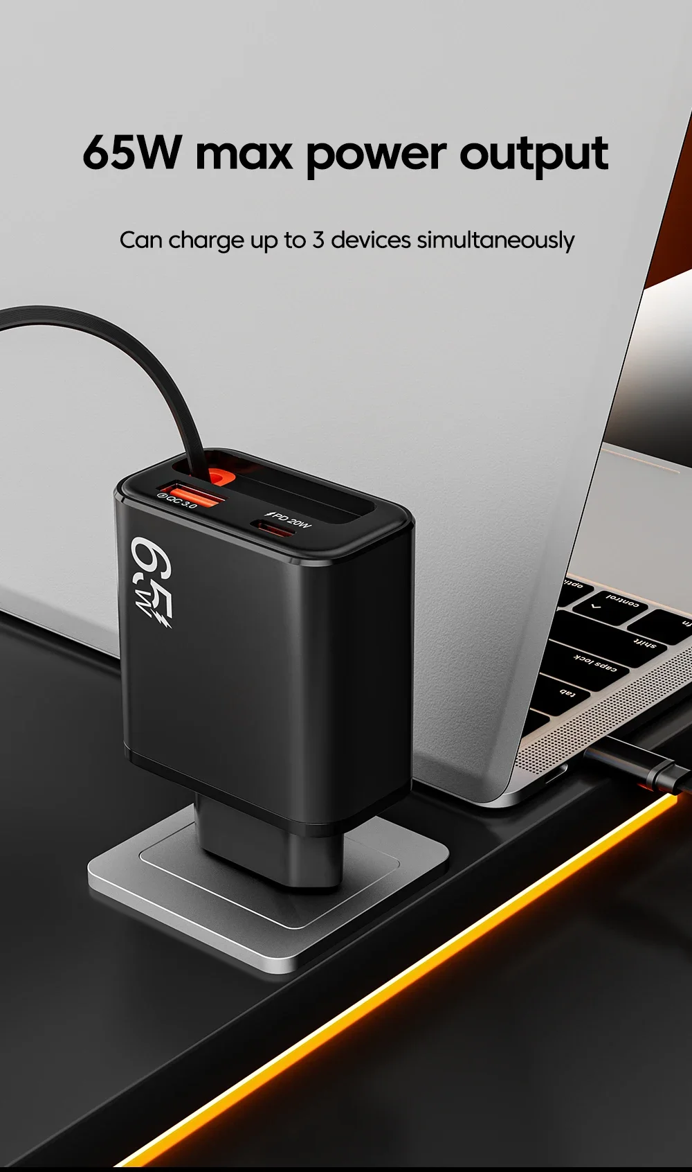 65W Type C Charger Retractable Integrated Cable USB Phone Charger USB C Cable EU/US Plug For iPhone Samsung Xiaomi Fast Charge
