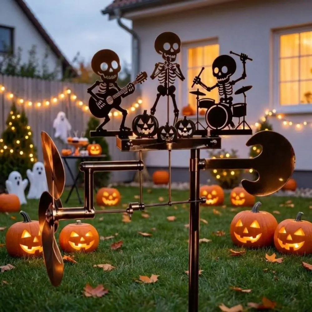 Rotating Halloween Skeleton Metal Drummer Wind Wind-Powered Heavy Duty Musical Skull Garden Stake Spooky Artistic
