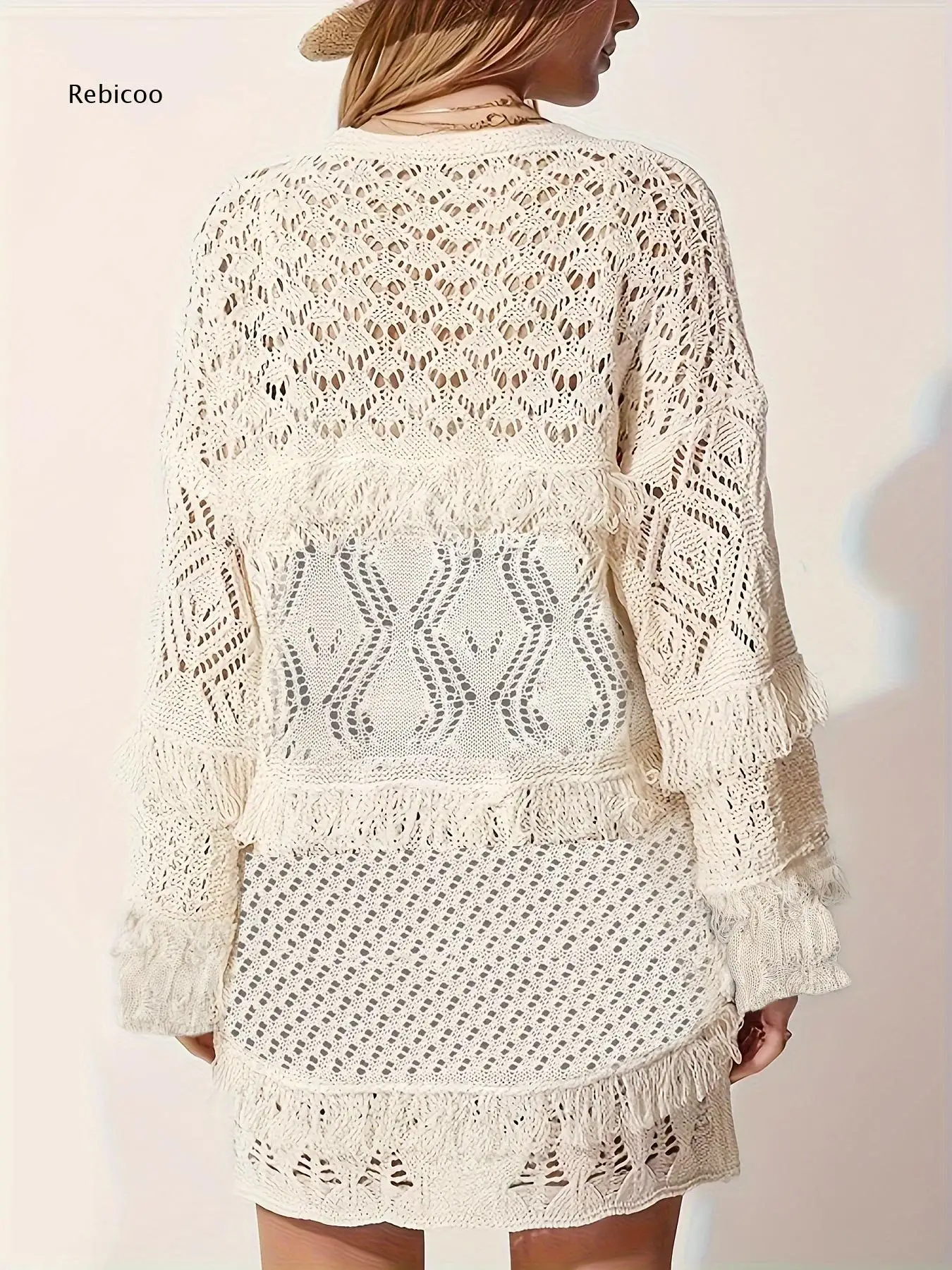 Boho Casual Mid Length Outer Coat Women Open Front Long Sleeve Crochet Knit Hollow Detail Tassel Hem Loose Fit Cardigan