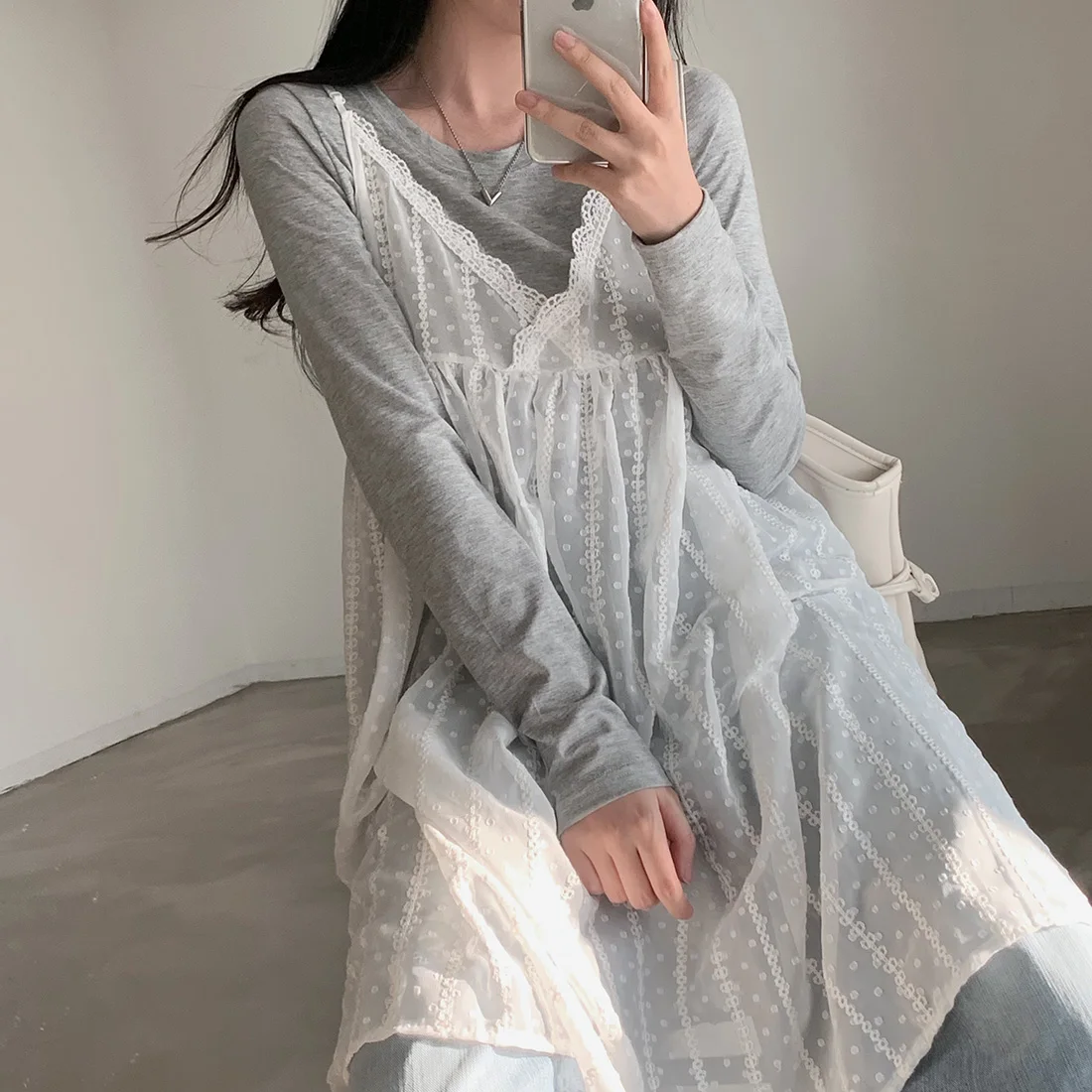 Spring Summer White Lace Strap Dress Women's Overlap Skirt Tulle Skirt Loose Midi Vest A-Line Skirt Salt Sweet Style