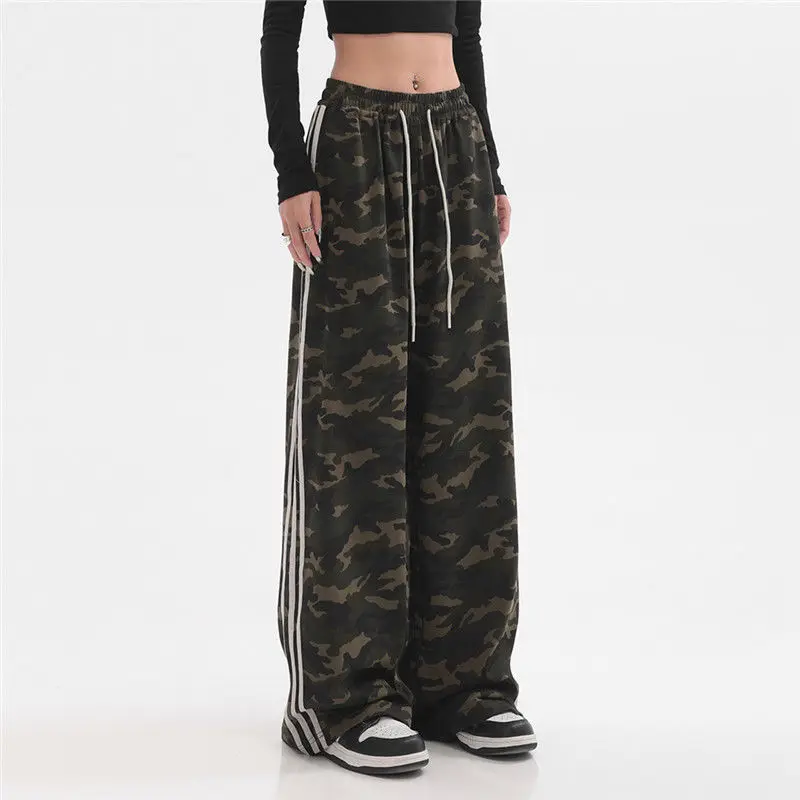 Imagem -03 - Calça de Jogging Listrada com Camuflagem Vintage Feminina Streetwear Hip Hop Oversize Cintura Elástica Perna Larga Calça Esportiva Casual