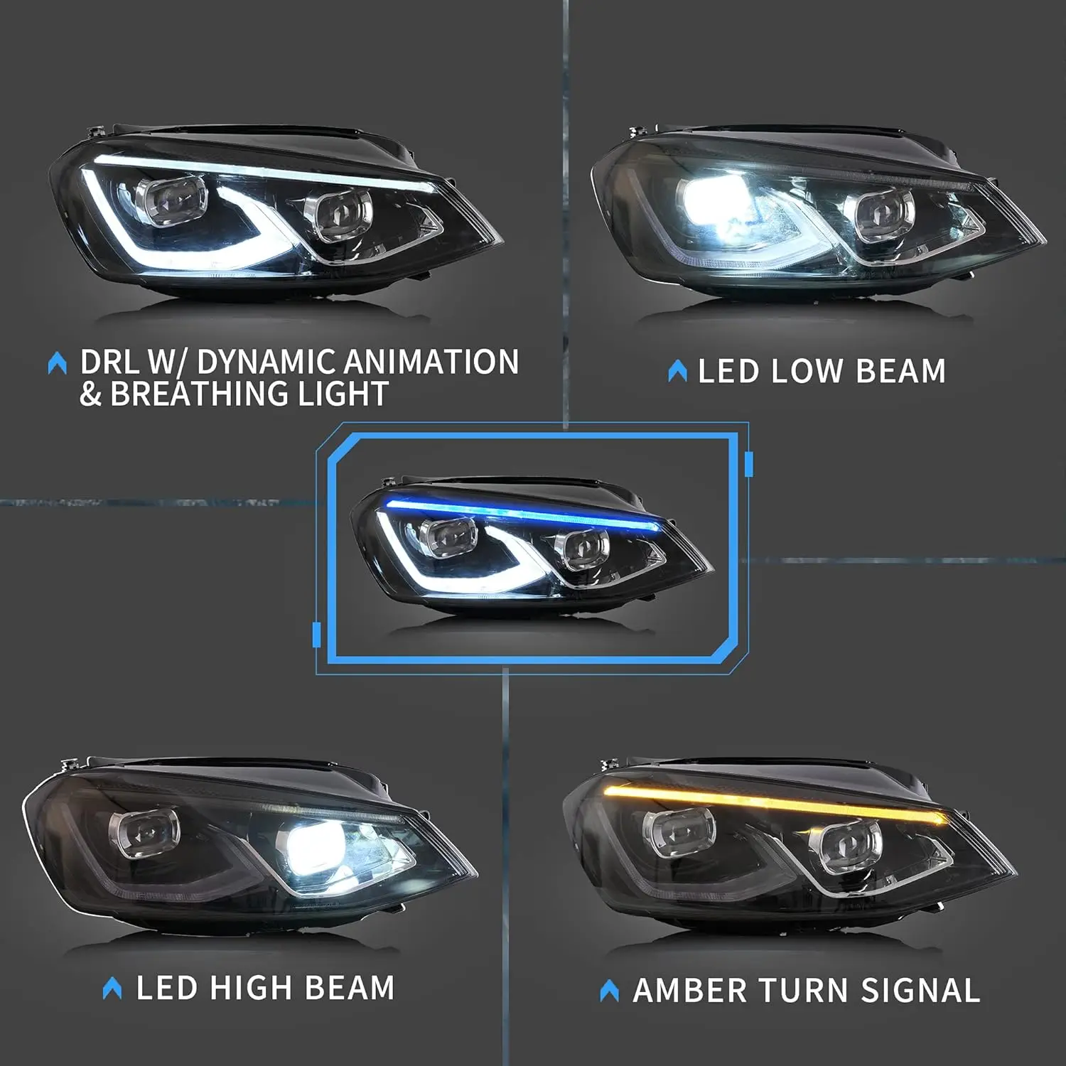 Led Headlights Compatible with Golf7 MK7 2014-2019 (Not Fit TDI, GTI& Golf R) w/Dynamic Animation, Full LED Front Lamp Ass