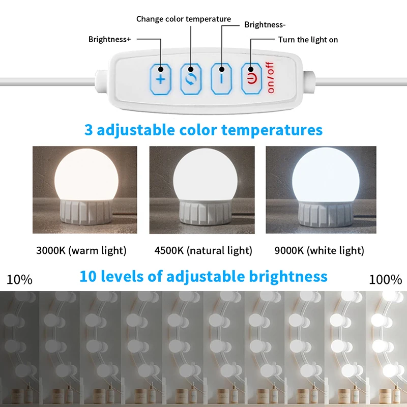 USB-Powered LED Vanity Mirror with Detachable Bulbs & Dimmable Lighting for Makeup Table