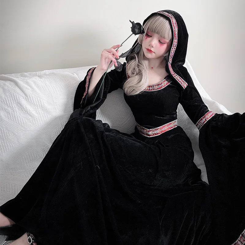 

Adult Halloween Costume Medieval European Gothic Vampire Court Dress Long Dark Dress