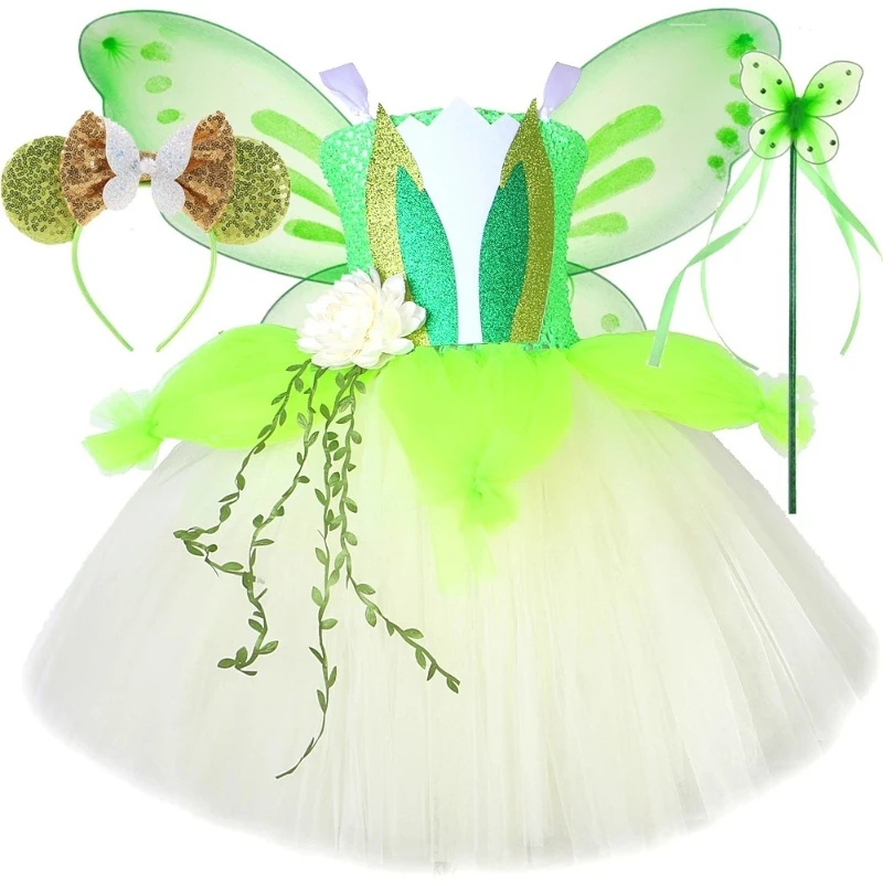 3 Layers Frog Princess Clothes for Girls Christmas Halloween Fancy Outfits Kids Lotus Flower Fairy Tutu Dress with Wings Outfit