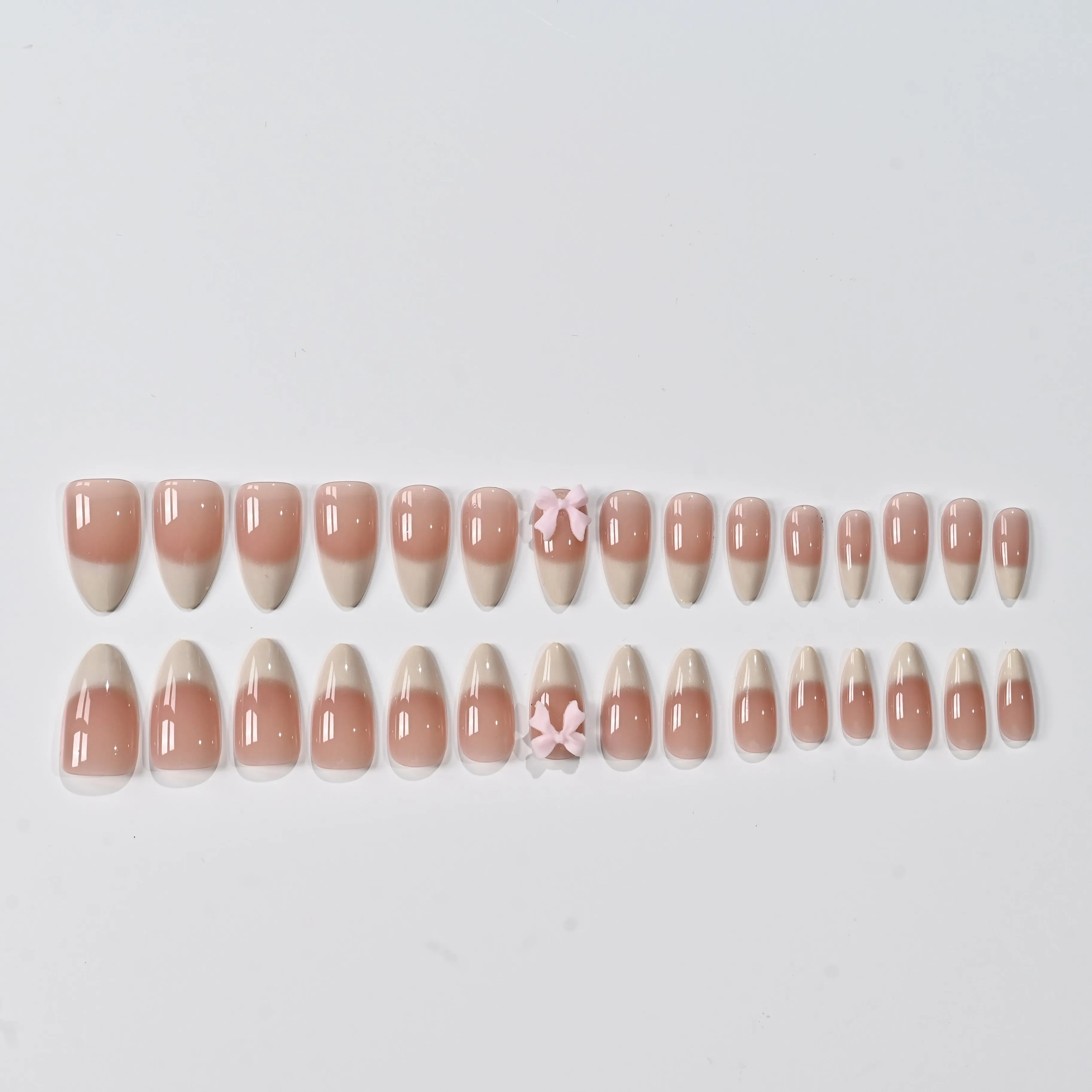 120 Stück glänzende braun-rosa-nude Ombre French Press-On Nägel, mittlere Größe, Mandelform, Perlen, Schleife, Blumen, künstliche Nägel, vollständige Abdeckung, D&3 – Detail 8