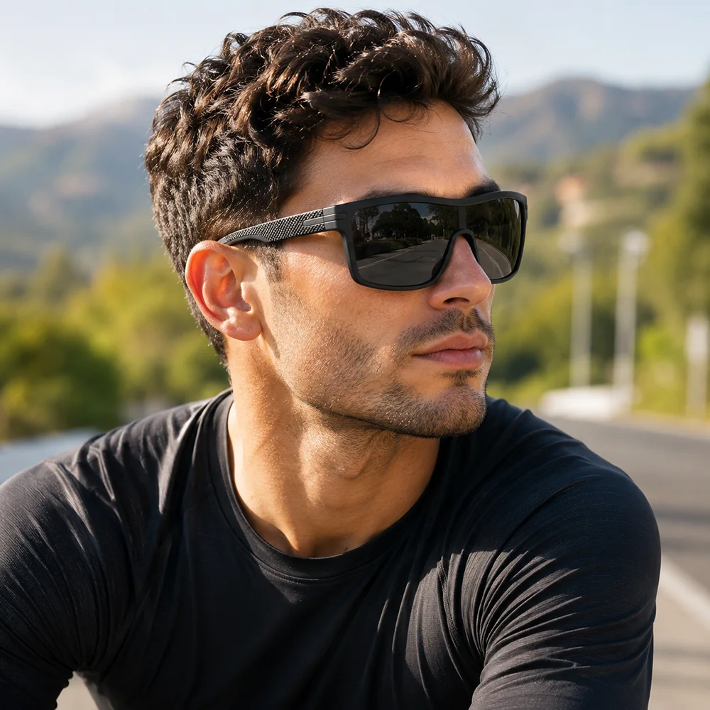Men Square Polarized Sunglasses UV400 Anti Glare Driving Glasses Red Accent Textured Leg Sport Shades