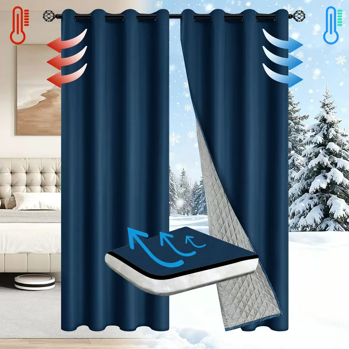 

100% Blackout Winter Cotton-blend Curtain for Window Cold Insulation Indoor Curtains for Balcony/Home Divider Garden Patio Blind