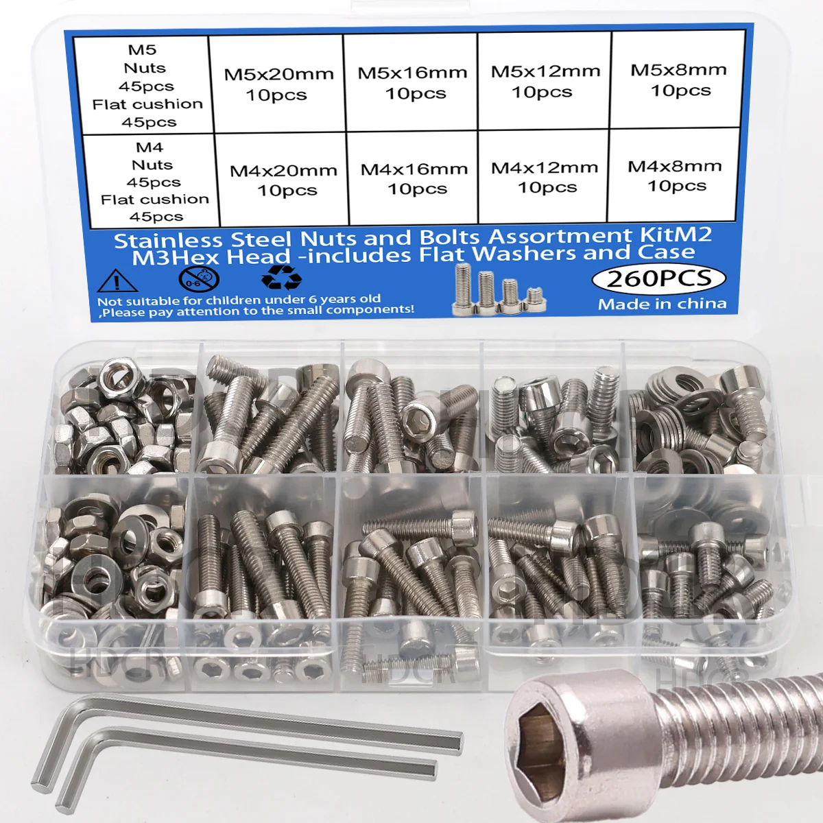 260-teiliges Edelstahl M4/M5 Sechskant-Flachkopfschrauben-Set, Inklusive Muttern, Flachwascher, Rundkopfschrauben und Nieten